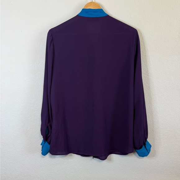 Vintage New York & Co Purple Blue Long Sleeve Funky Button Front Bow Shirt Sz LG - Picture 7 of 13